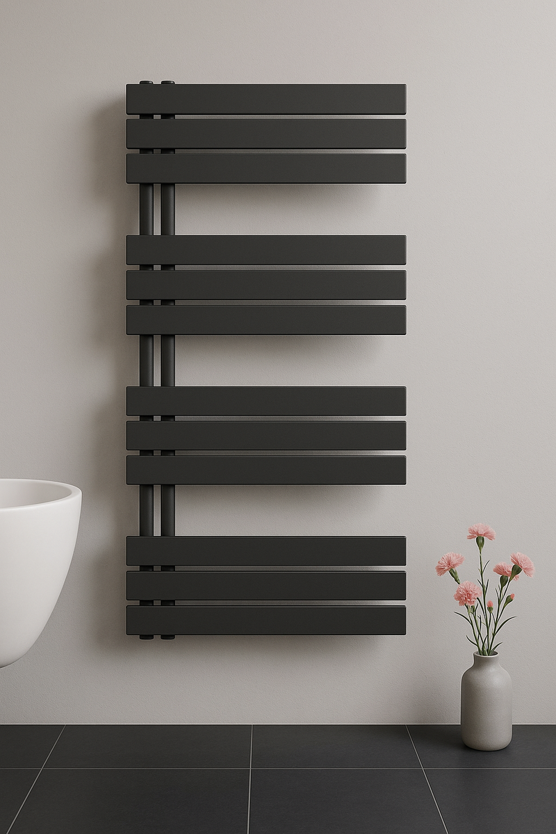 Handdoekdrogerradiator links/kamaansluiting - zwart 1200x600-681w