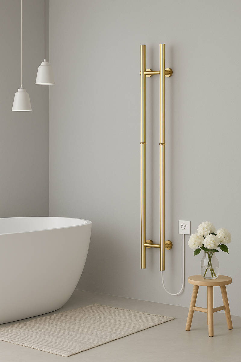 BELRAD ROD TOWEL RAIL - ELECTRIC - DOUBLE - 120W - Ø2.5CM - 150X16.8X12.7 CM - BRUSHED GOLD